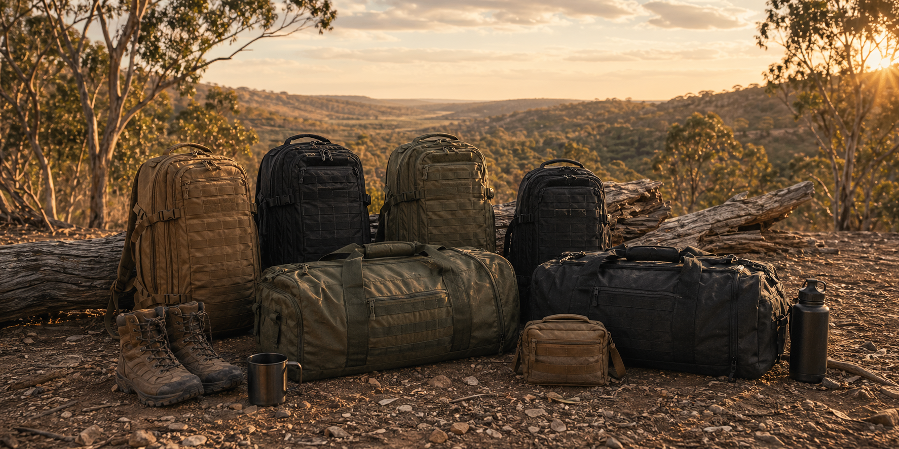 BL TAC Bags & Packs collection banner showing tactical bags and packs in an outdoor trekking setup