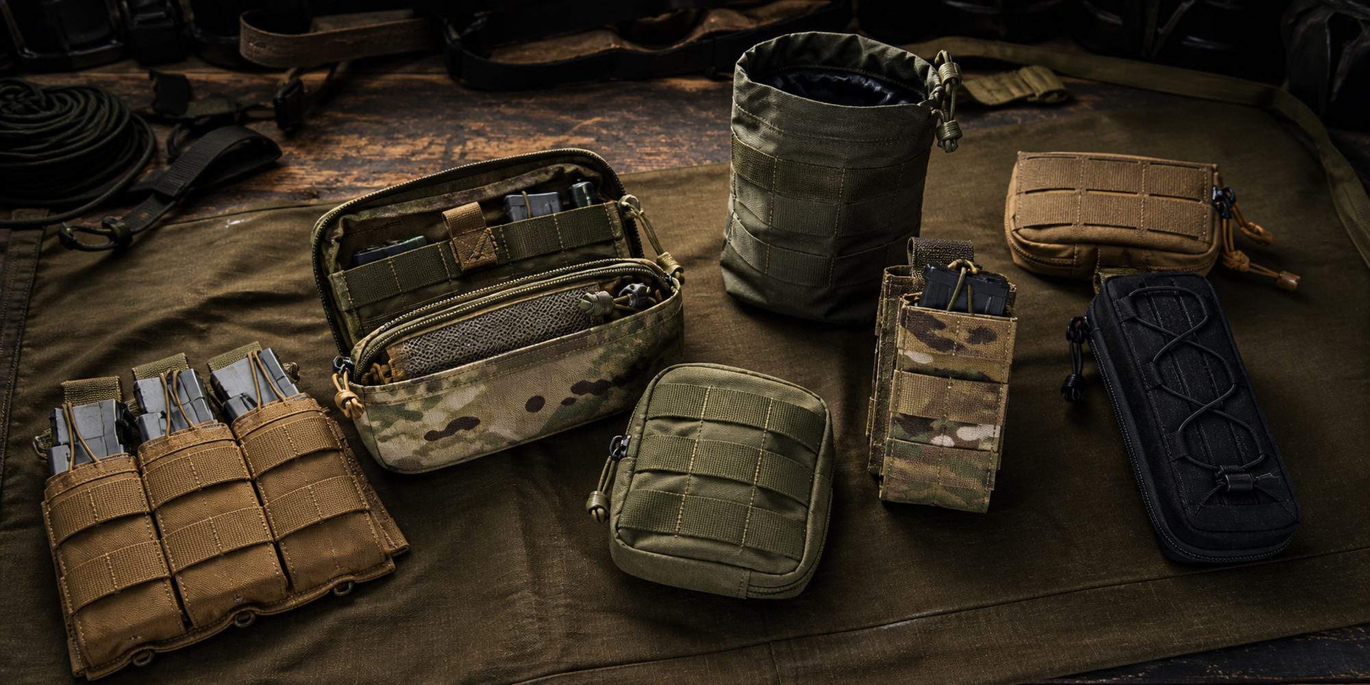 BL TAC Pouches collection banner showing tactical pouches and MOLLE-compatible organisers on a workshop gear bench