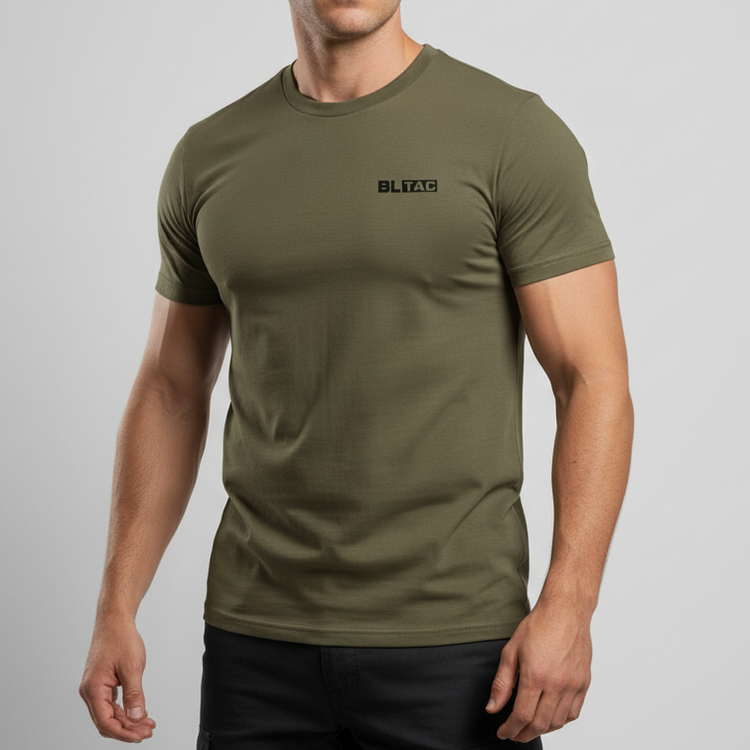 Man wearing an olive army green t-shirt with BL TAC brand logo on left chest on a gray background