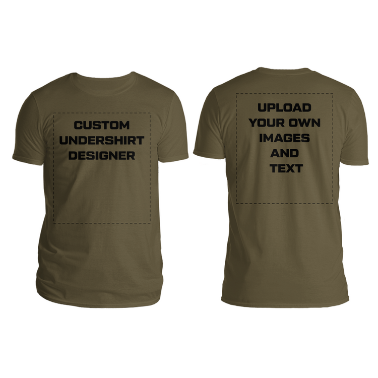 Front and back view of a green custom undershirt with text areas indicating where a personal image and text can be uploaded.