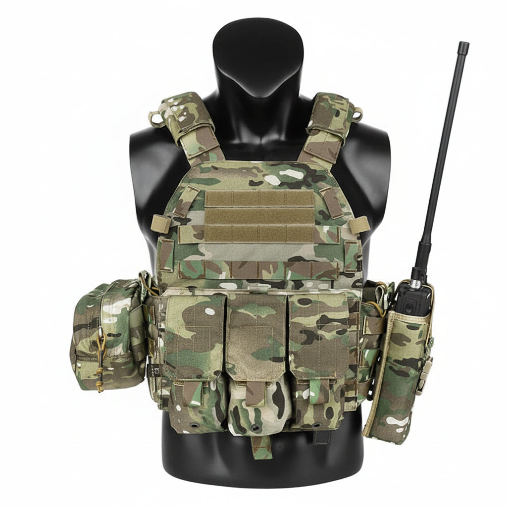 Camouflage tactical vest on a mannequin