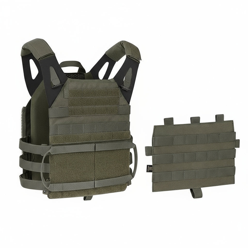 Green tactical vest with modular plate carrier on a white background