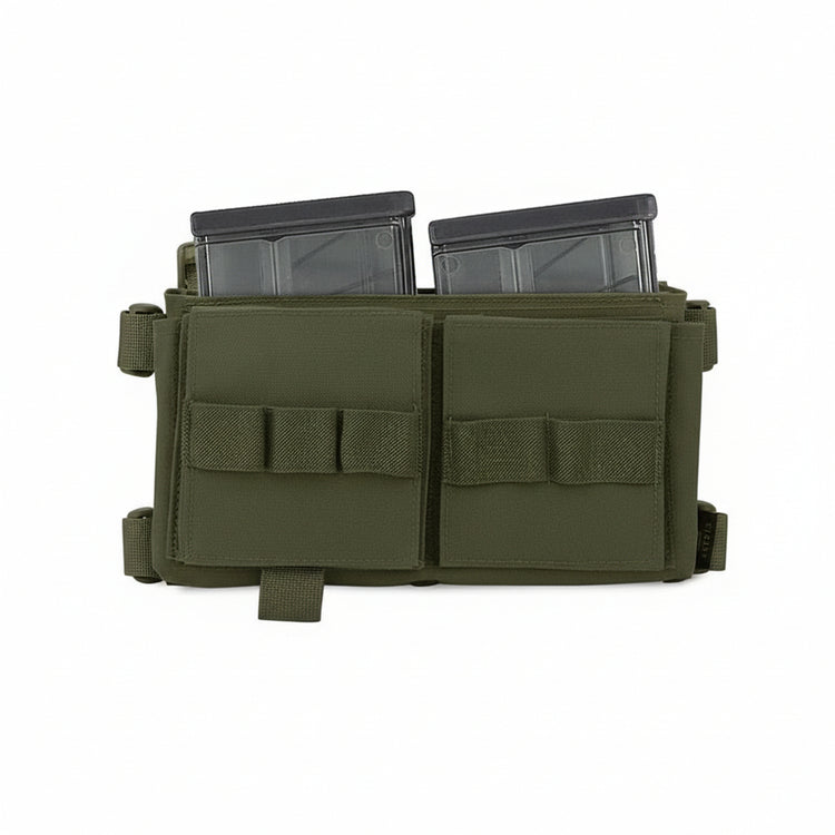 Green tactical mag pouch with two slots for mags on a white background