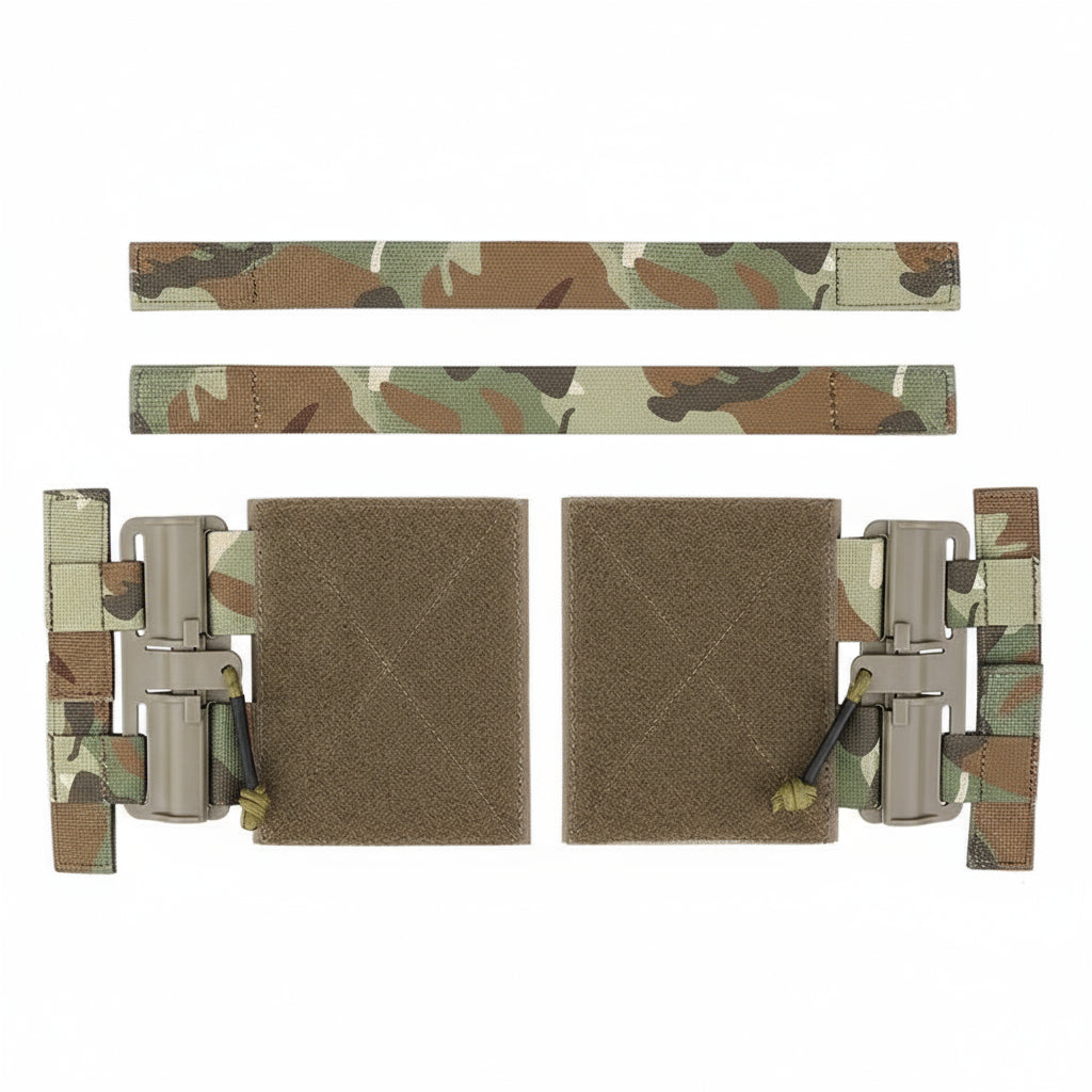 A set of Quick Release Assembly Adapters with camouflage and solid brown components, including hook and loop flaps, buckles, and rubberised cord.