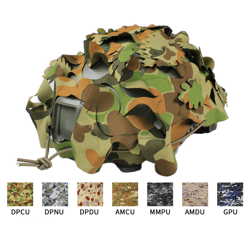 Australian Military Camouflage DPCU Helmet Scrim plus leaf cutouts on helmet front view