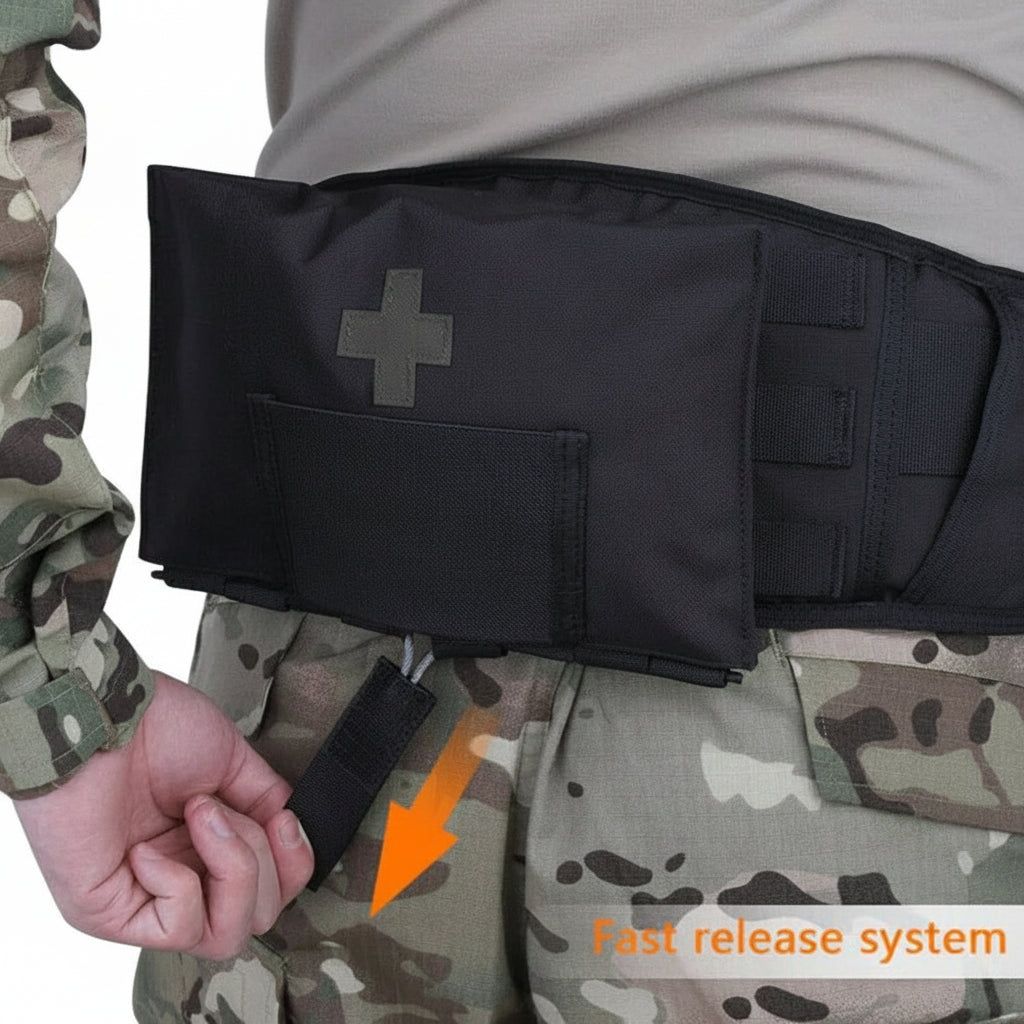 Black tactical belt with a fast release system on a person wearing camouflage pants, featuring Krydex branding.