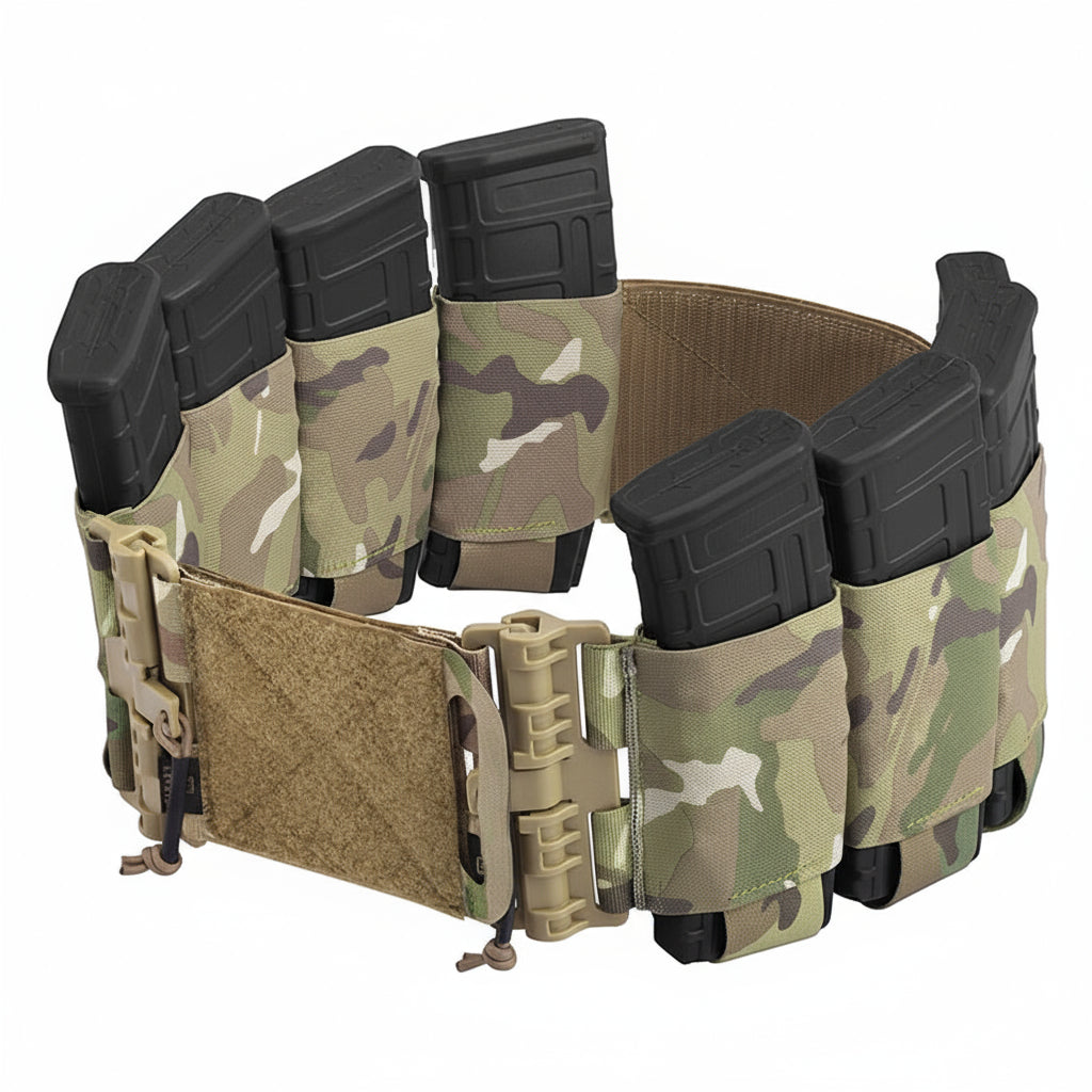 Elastic cummerbund vest accessory with integrated pouches, featuring a camouflage pattern.
