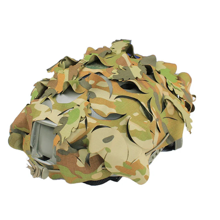 Australian Military Camouflage AMC Helmet Scrim with plus leaf cutouts on helmet front view 