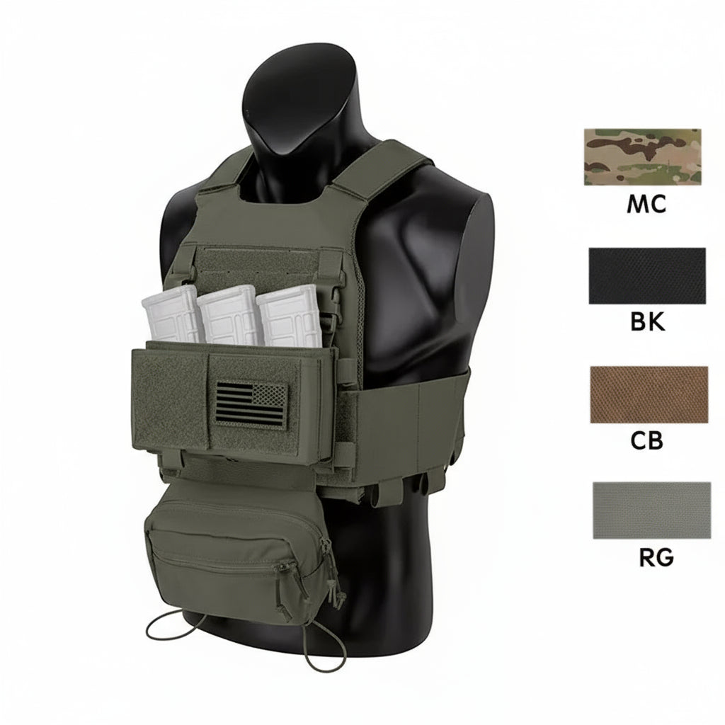 A low-visibility green micro chassis vest with elastic cummerbund and drop pouch, displayed on a mannequin, with options to customize the camouflage pattern.