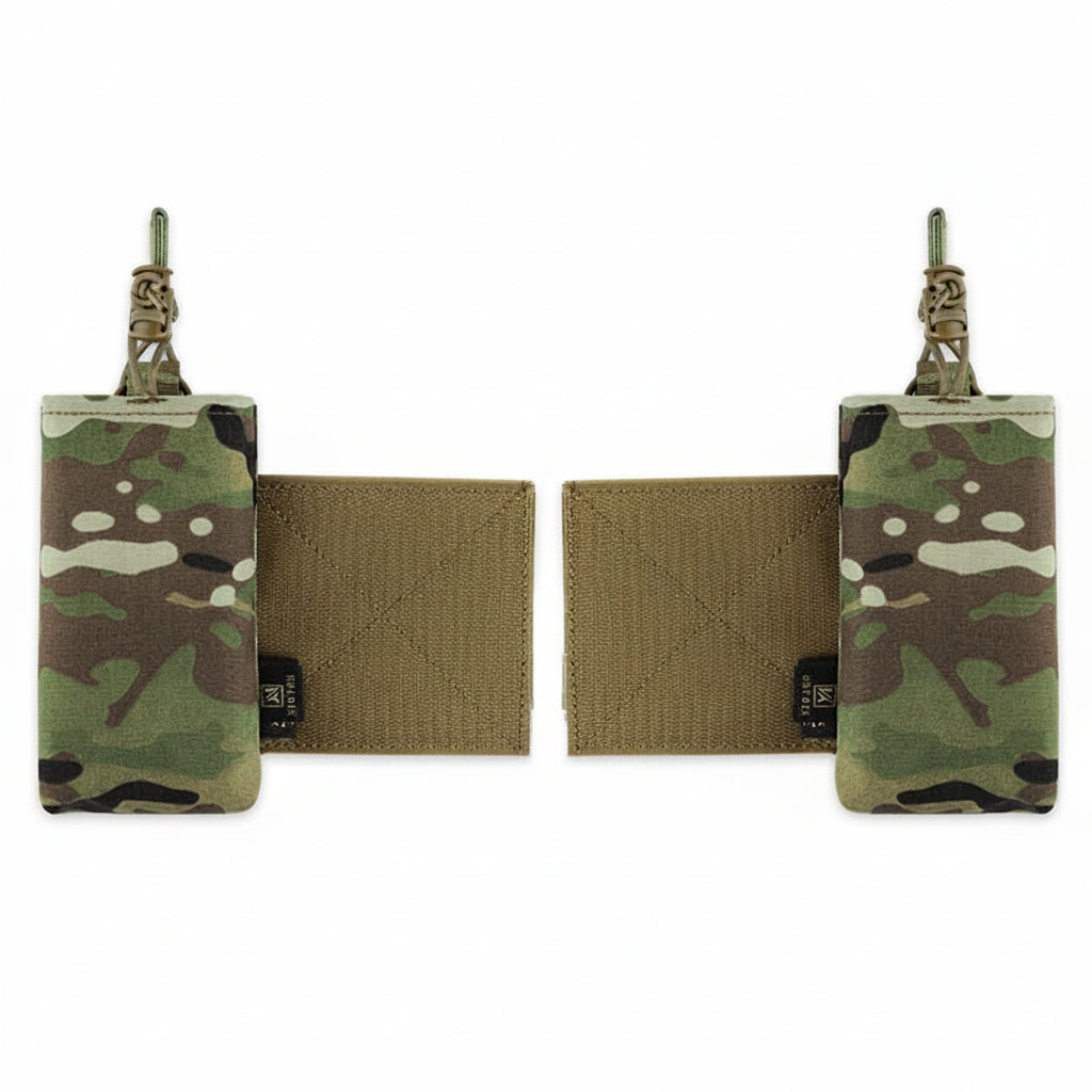 Two camouflage expandable radio mag pouches with hook & loop attachments.