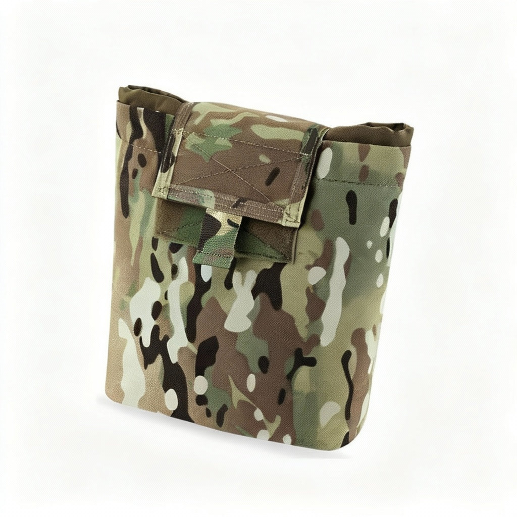 A camouflage foldable MOLLE-compatible dump pouch with a flap closure and velcro attachment.