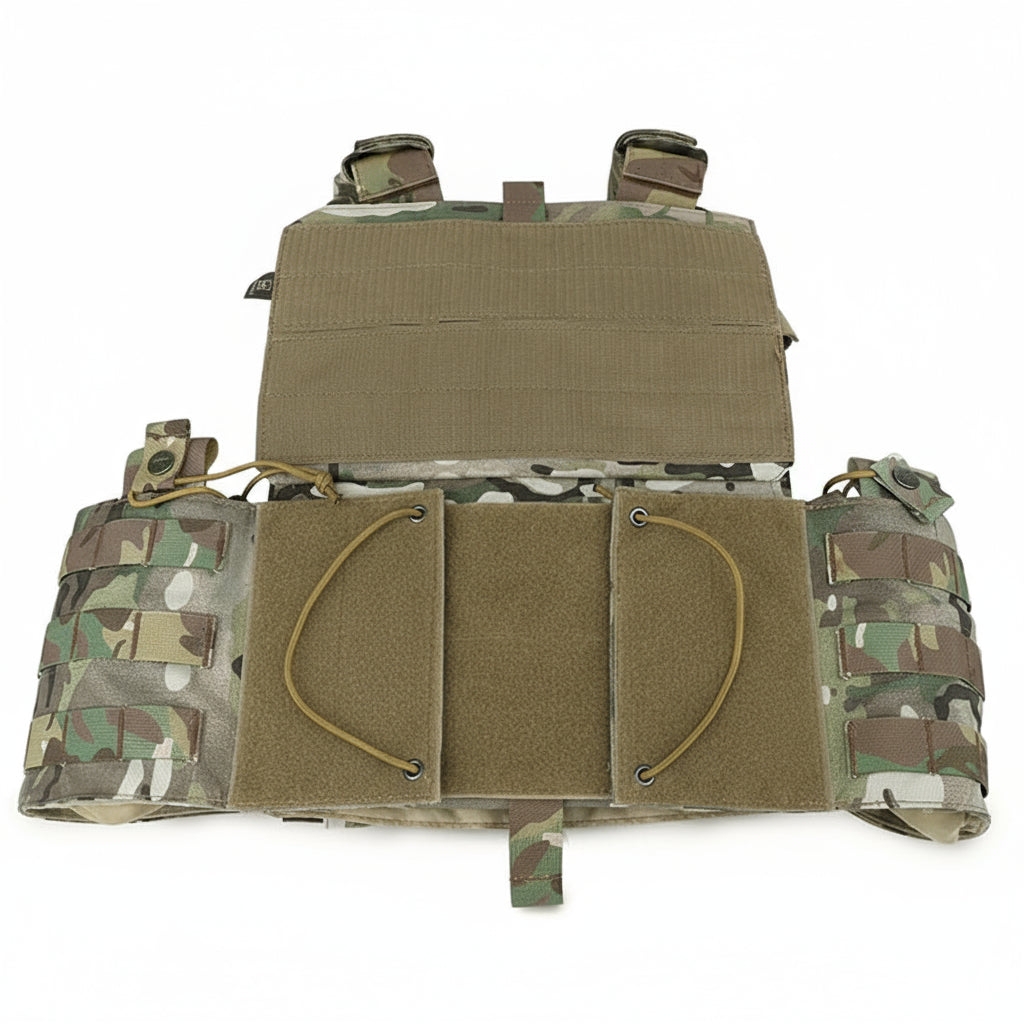 Multicam tactical vest with pouches on a white background