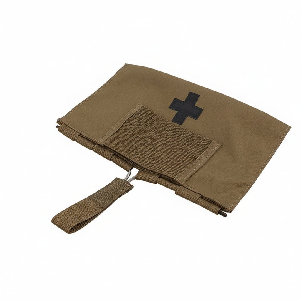 Brown tactical medical pouch with black cross on a white background, featuring Krydex branding.
