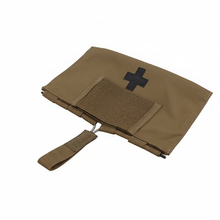 Brown tactical medical pouch with black cross on a white background, featuring Krydex branding.