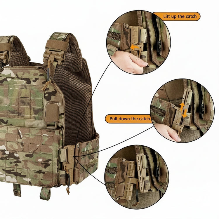 Camouflage tactical vest with detailed instructions on how to use