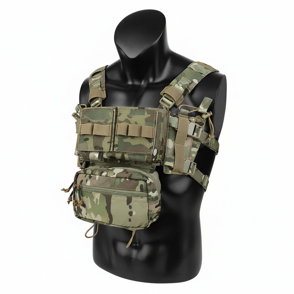 A Kryptek MK3 Chest Rig Carrier Vest displayed on a mannequin, featuring multiple pockets and a camouflage pattern.