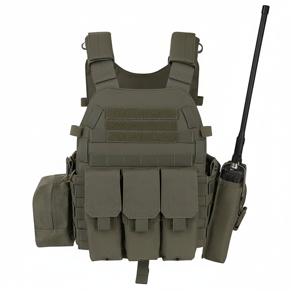 Green tactical vest with multiple pockets and a radio on a white background