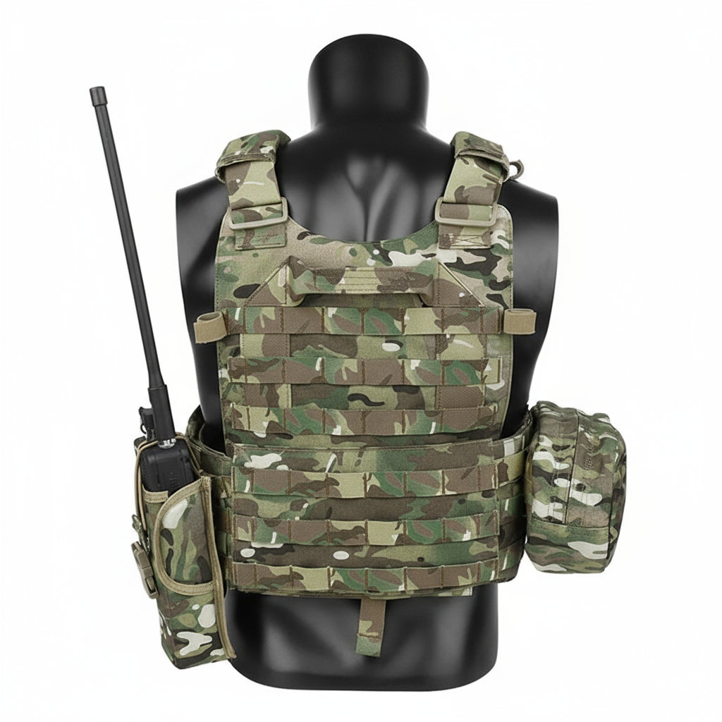 Camouflage tactical vest with radio and pouches on a mannequin against a white background