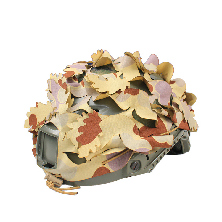 Australian Military Camouflage DPDU Helmet Scrim plus leaf cutouts on helmet front view