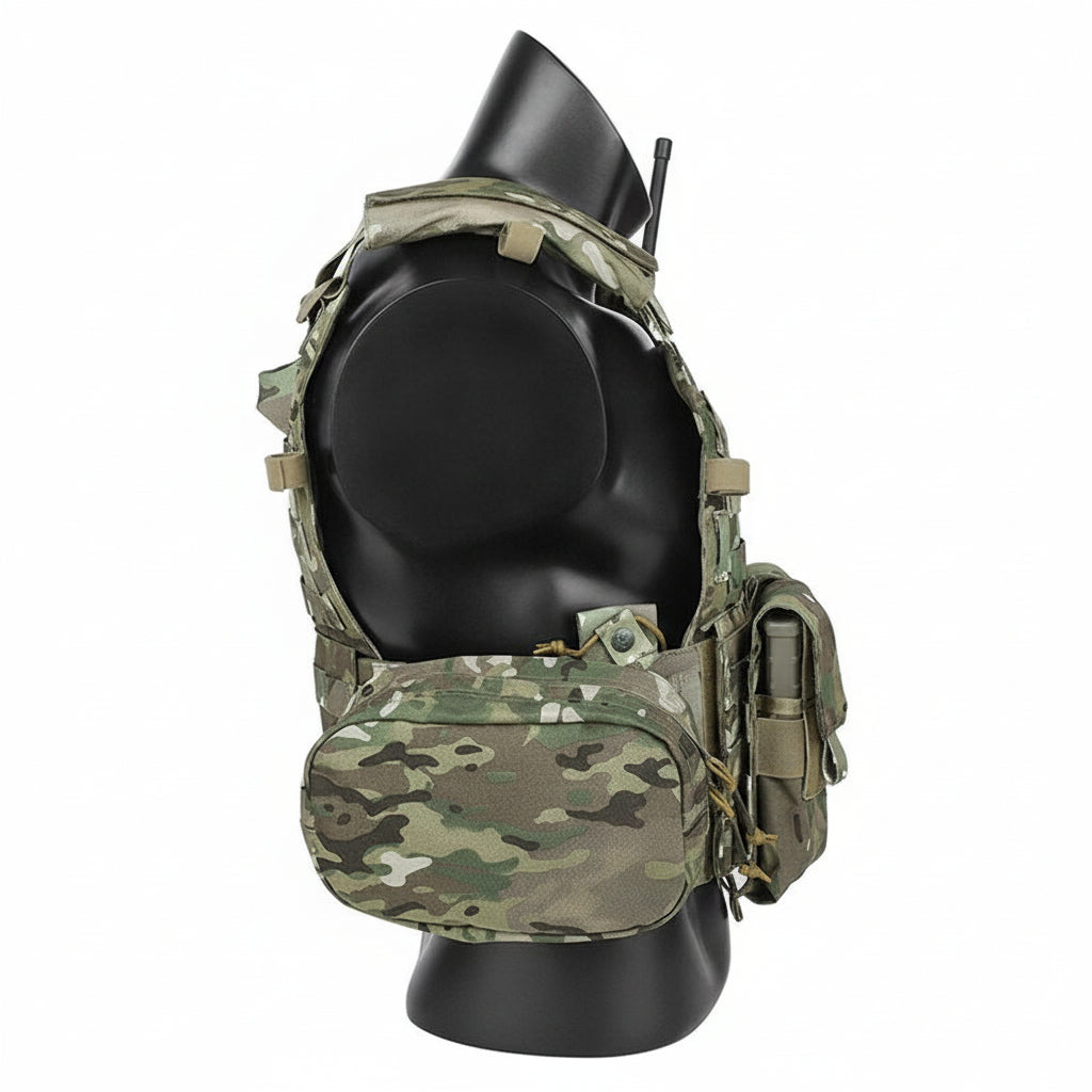Camouflage tactical vest on a mannequin against a white background