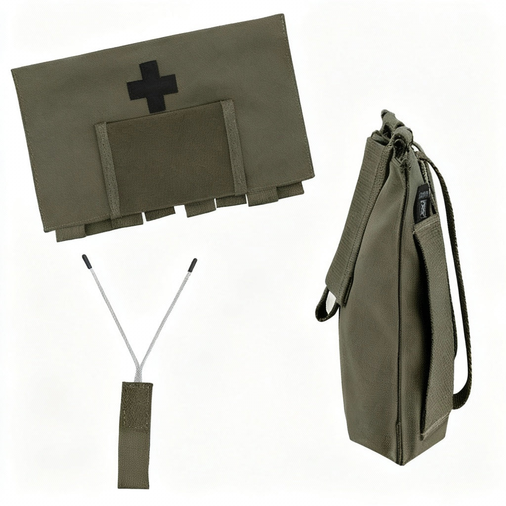 Green tactical first aid kit with cross symbol, straps, and Krydex logo on a white background