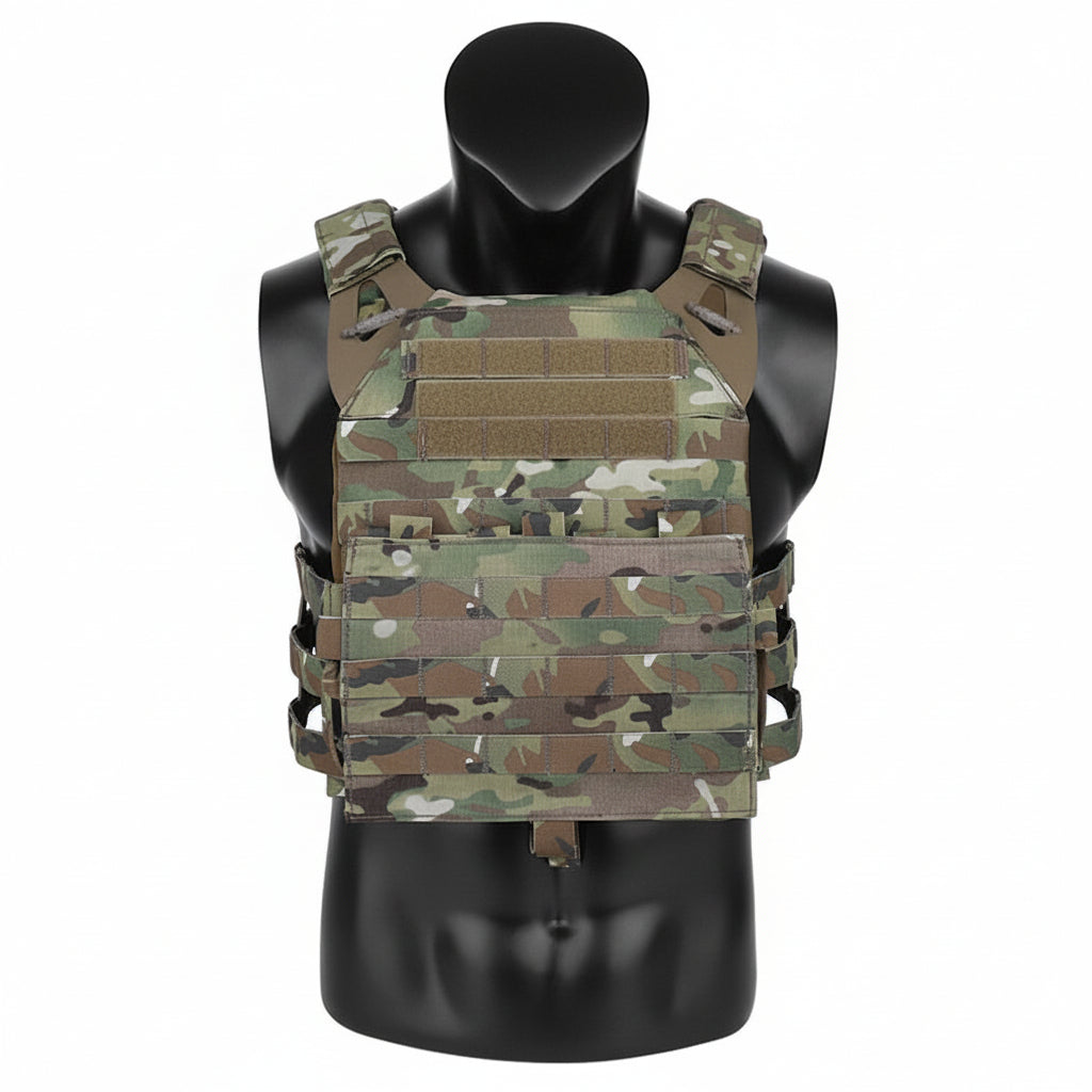 A KRYDEX JPC2.0 Plate Carrier Vest with MOLLE flap in camouflage pattern displayed on a mannequin.