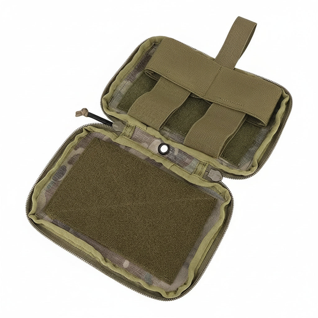 Olive green tactical pouch with multiple compartments on a white background