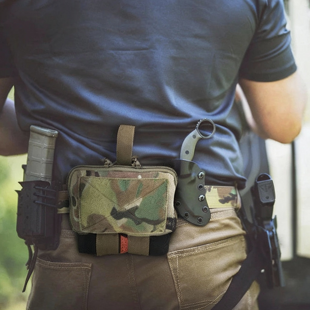 Person wearing a Krydex tactical belt with pouches and tools.