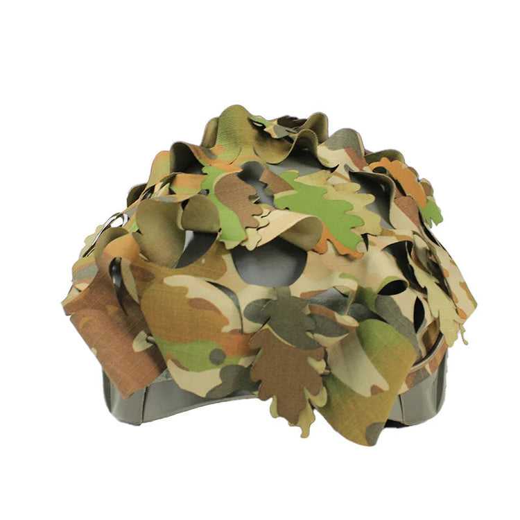 Australian Military Camouflage AMC Helmet Scrim with plus leaf cutouts on helmet back view 