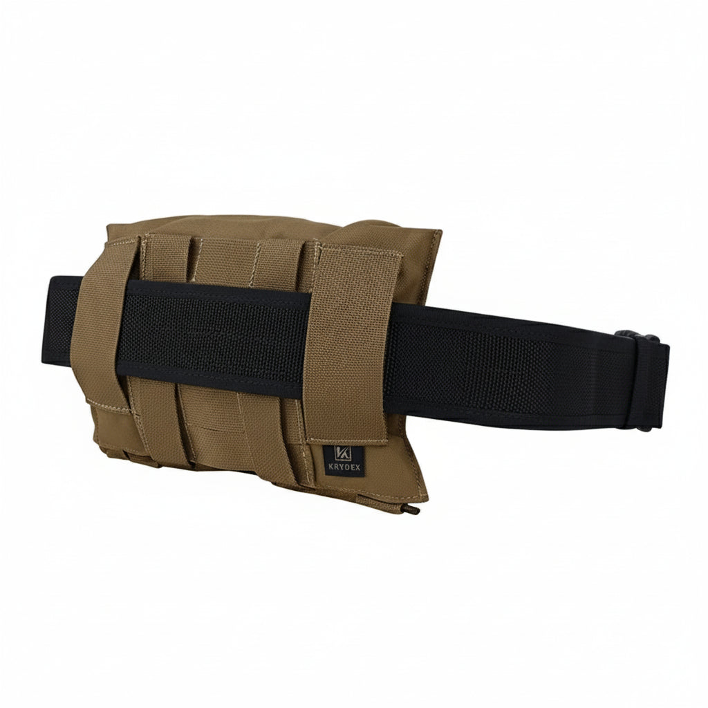 Tan tactical pouch with black belt on a white background, featuring Krydex logo.