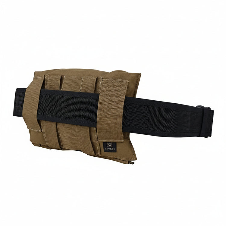 Tan tactical pouch with black belt on a white background, featuring Krydex logo.