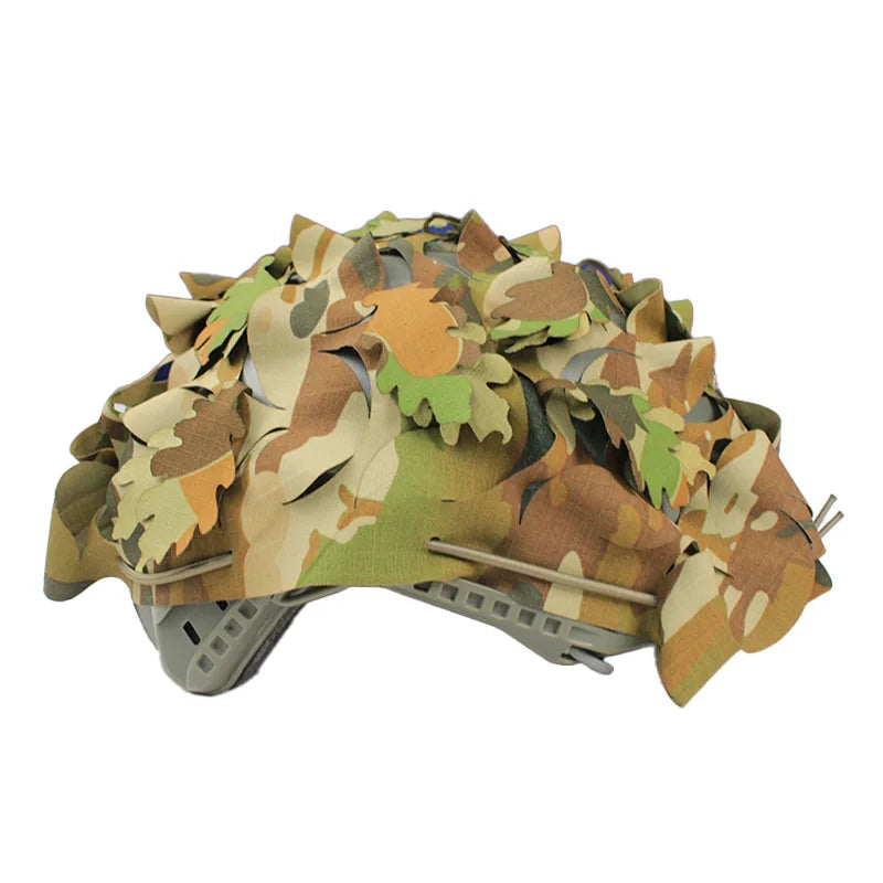 Australian Military Camouflage AMC Helmet Scrim with plus leaf cutouts on helmet side view 