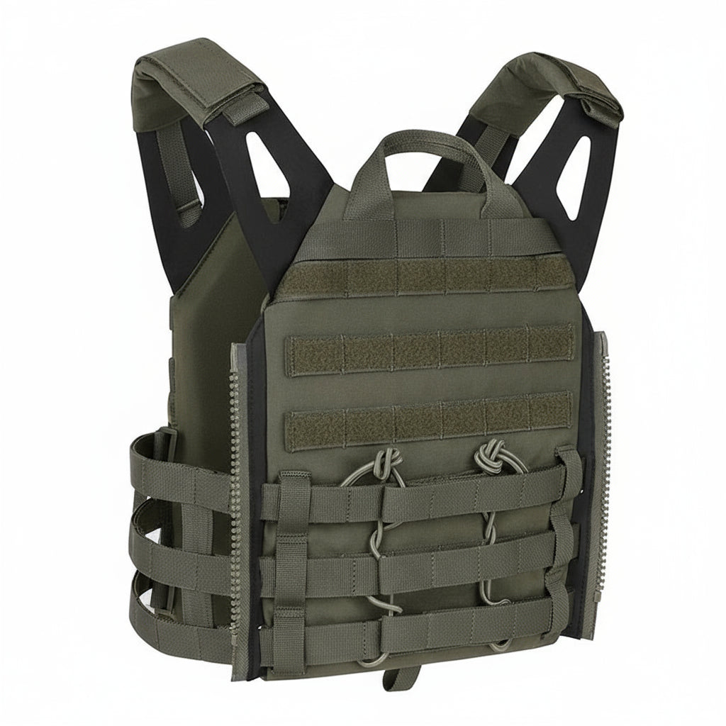 Green tactical vest with multiple straps on a white background