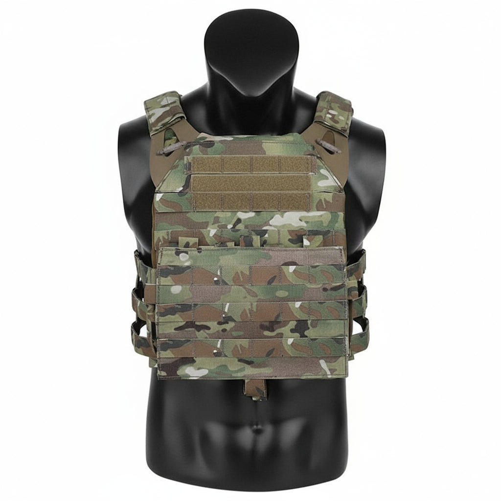 Camouflage tactical vest on a black mannequin against a white background