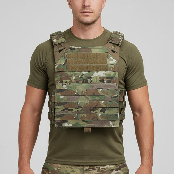 Person wearing a green tactical vest and pants on a gray background