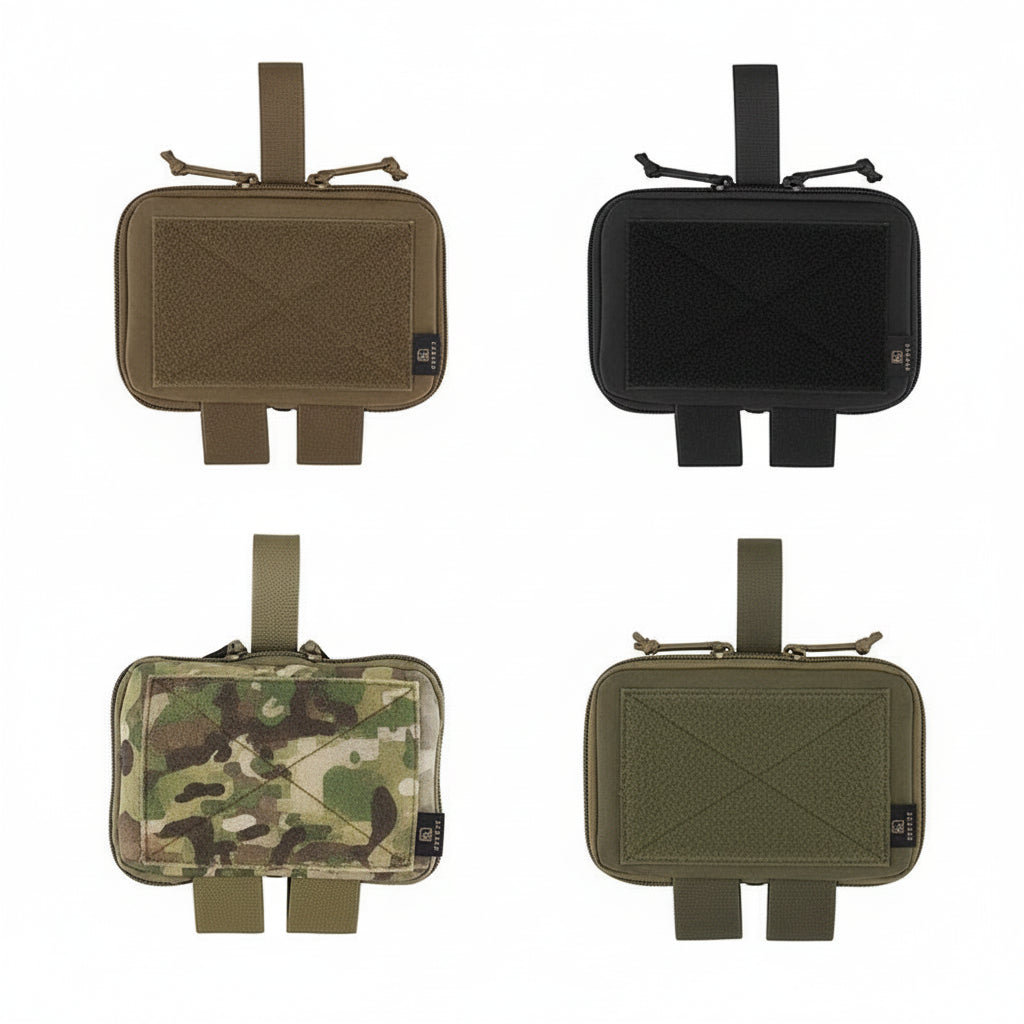 Four tactical pouches in different colors on a white background