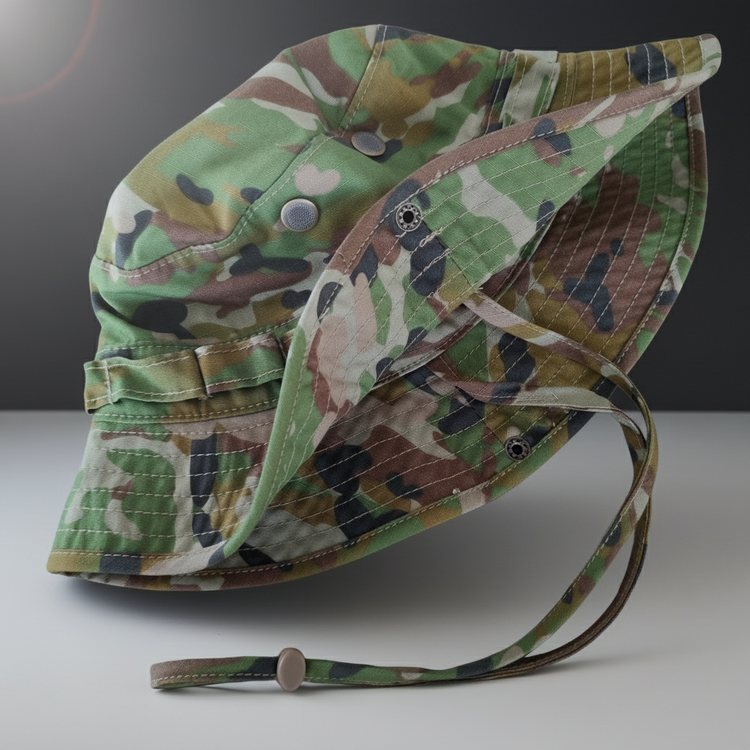 AMCU Camouflage bucket hat with chin strap on a gray background