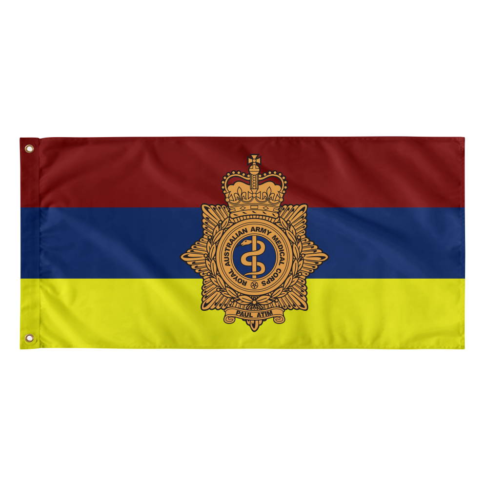 Royal Australian Army Medical Corps (RAAMC) Unit flag in red, blue and yellow with corps badge