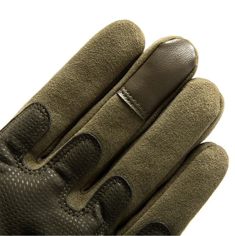 close up of finger grip of green tactical gloves