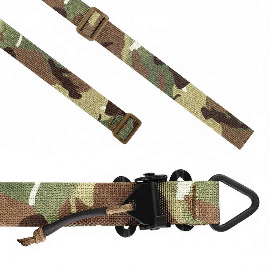 Camouflage dog leash with a black clip on a white background