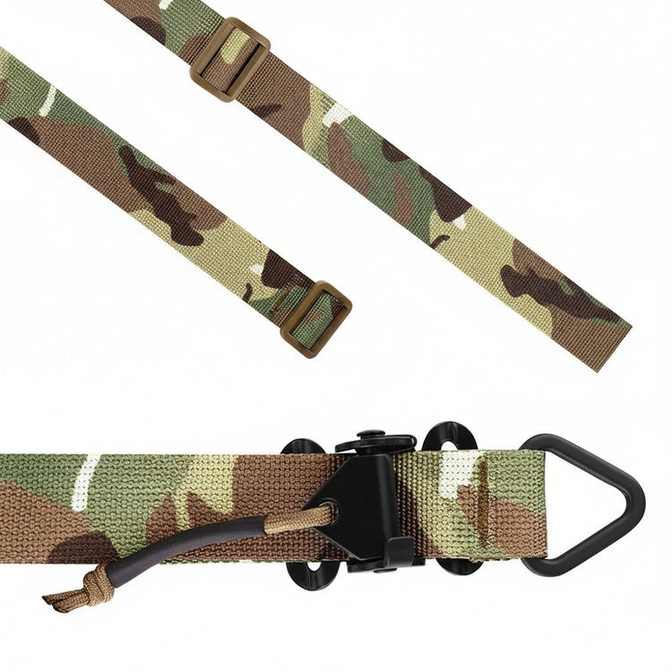 Camouflage dog leash with a black clip on a white background