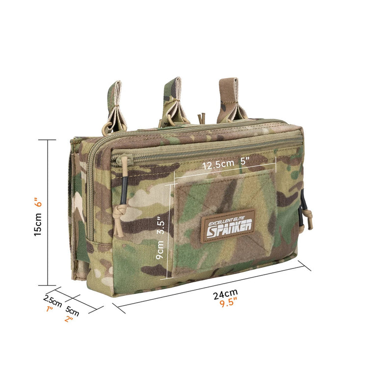 Camouflage tactical pouch with measurement markings on a white background