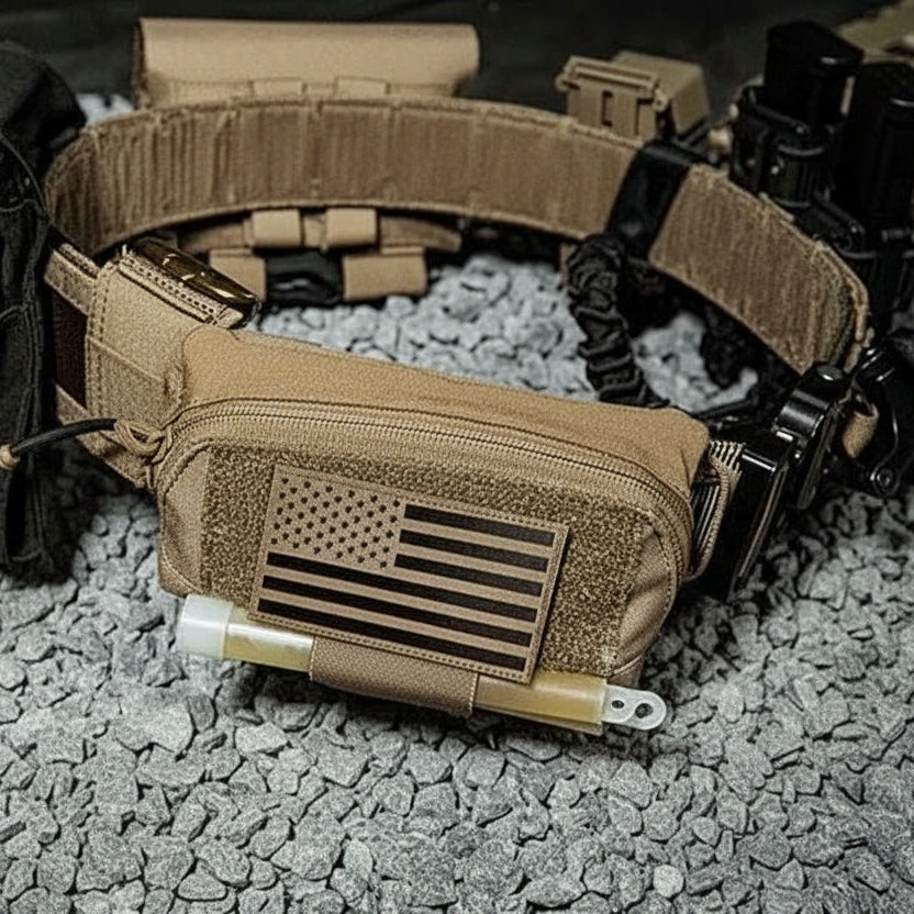 Tactical belt with pouches and American flag design on a rocky surface