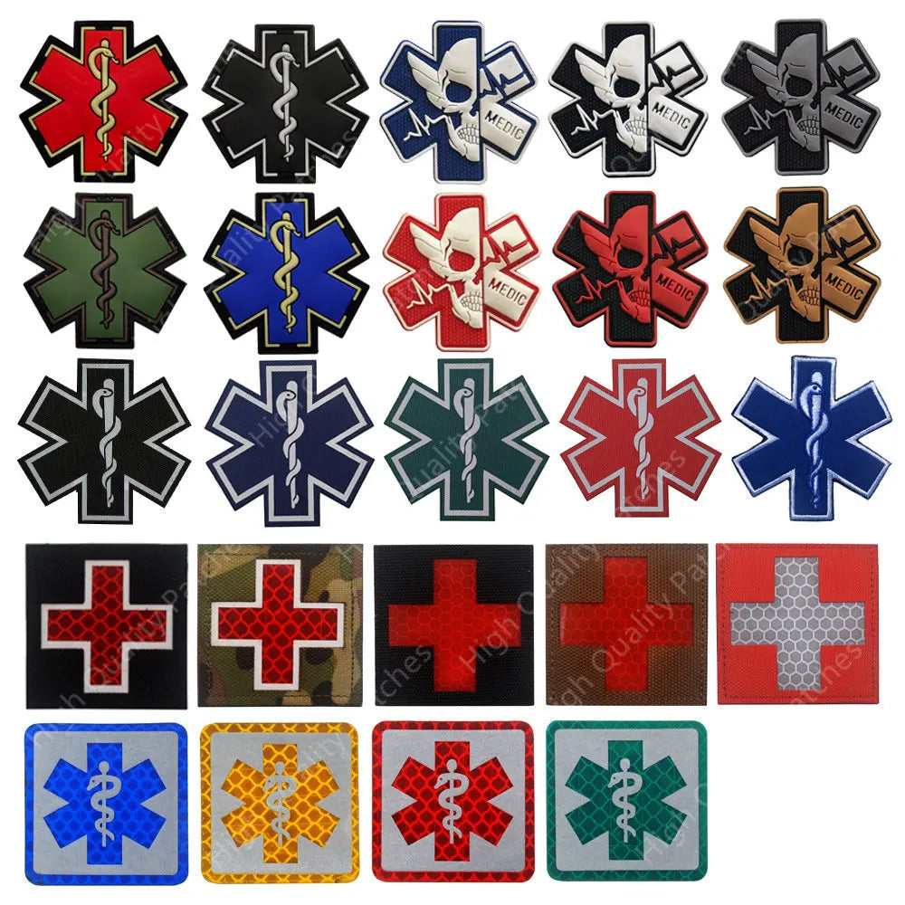 Collection of various medical symbol patches in different colors and designs.