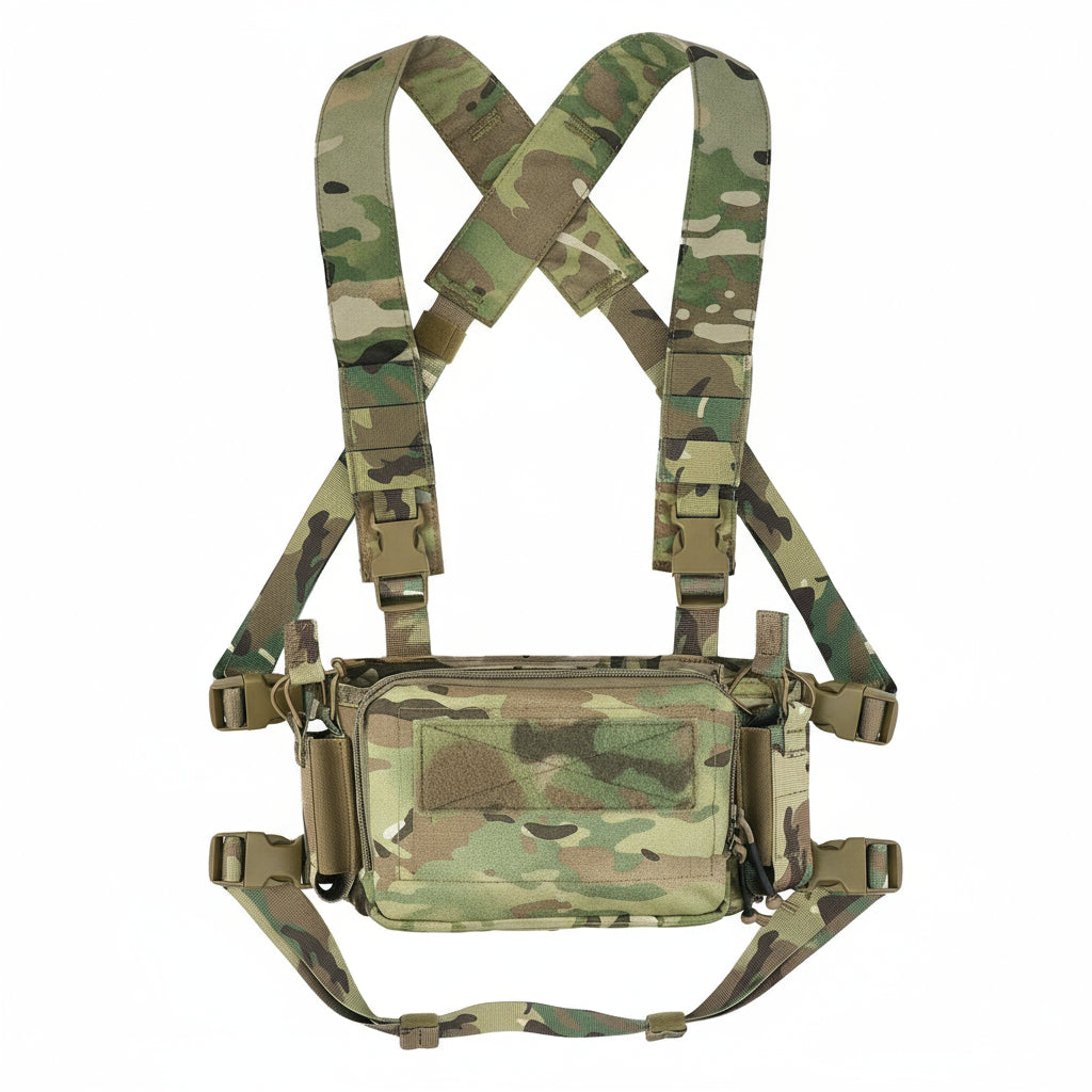 Camouflage tactical chest harness on a white background