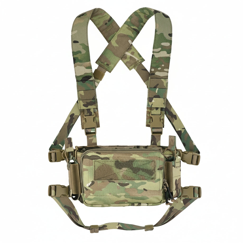 Camouflage tactical vest with cross-strapped design on a white background