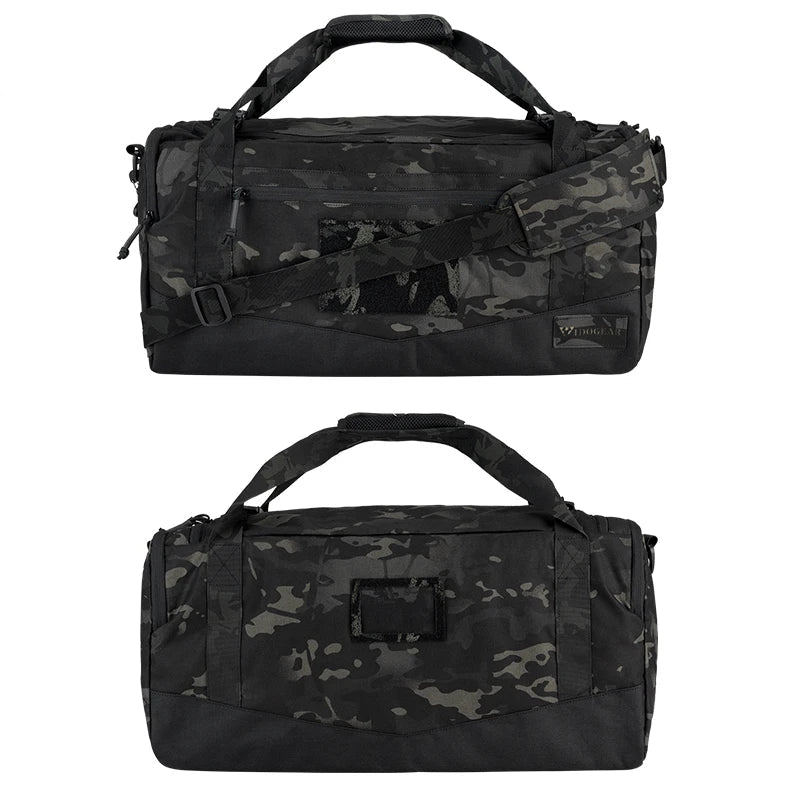 Two black multicam camouflage duffel bags on a white background.