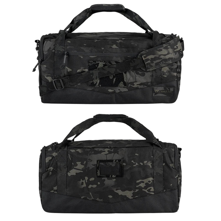 Two black multicam camouflage duffel bags on a white background.