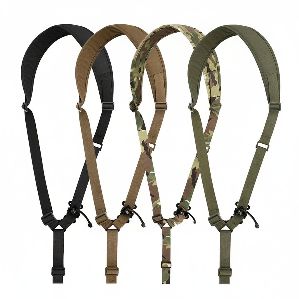Four military-style slings in black, brown, camouflage, and green on a white background.