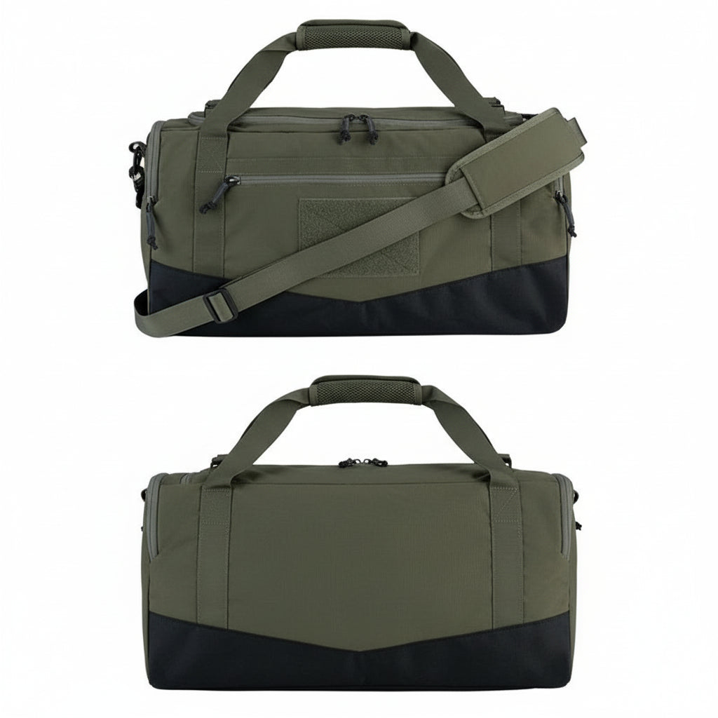 Green duffel bag with black accents on a white background.